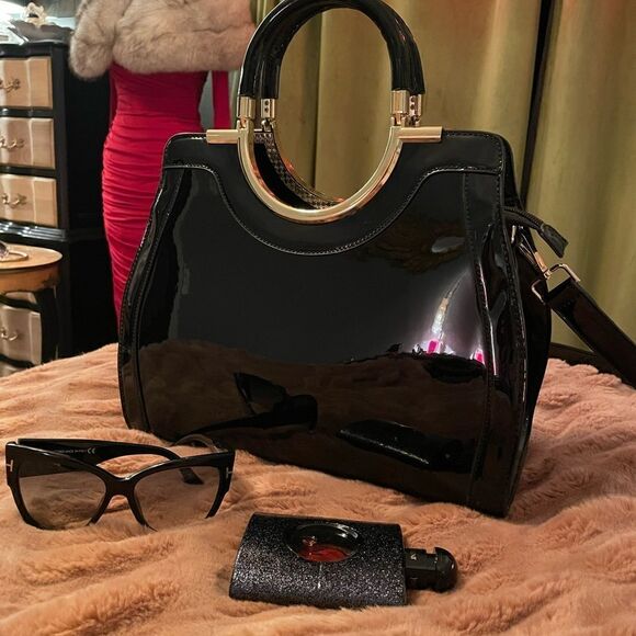 ♥️ Women's Handbags Designer Purses Satchel 
Structured Shoulder black patent - Picture 4 of 16